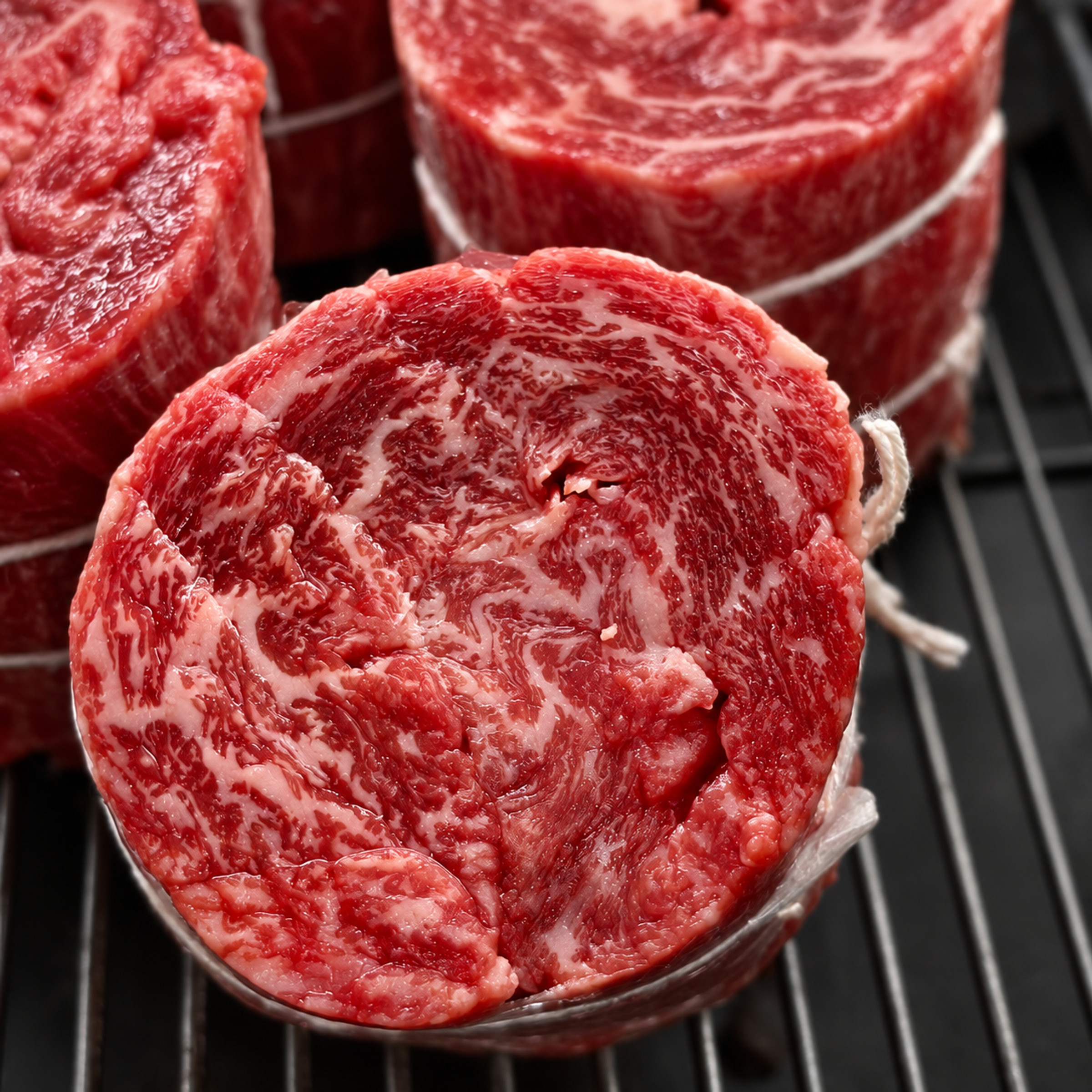 老饕牛排原肉特寫,細緻油花交織的手工裁切牛肉